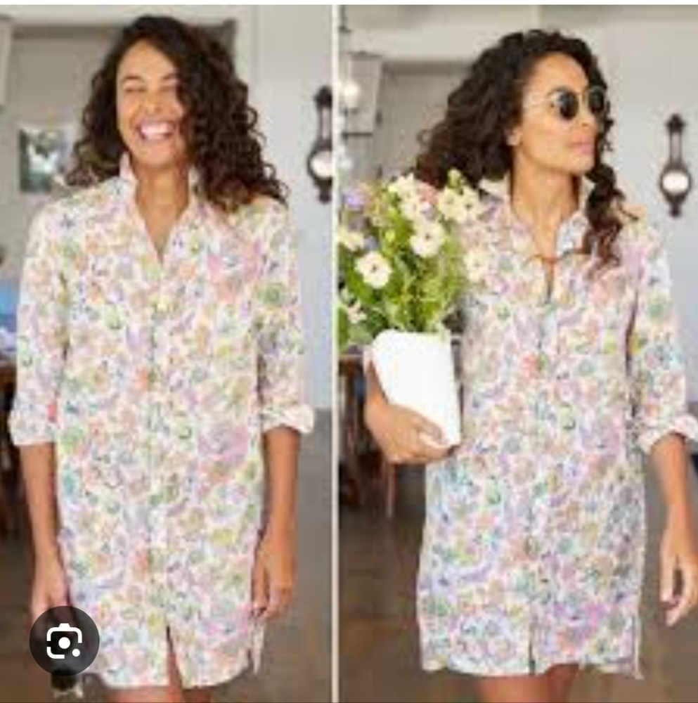 Frank & Eileen Size M Vibrant Floral Shirt Dress. Excelent Condition 100% Linen